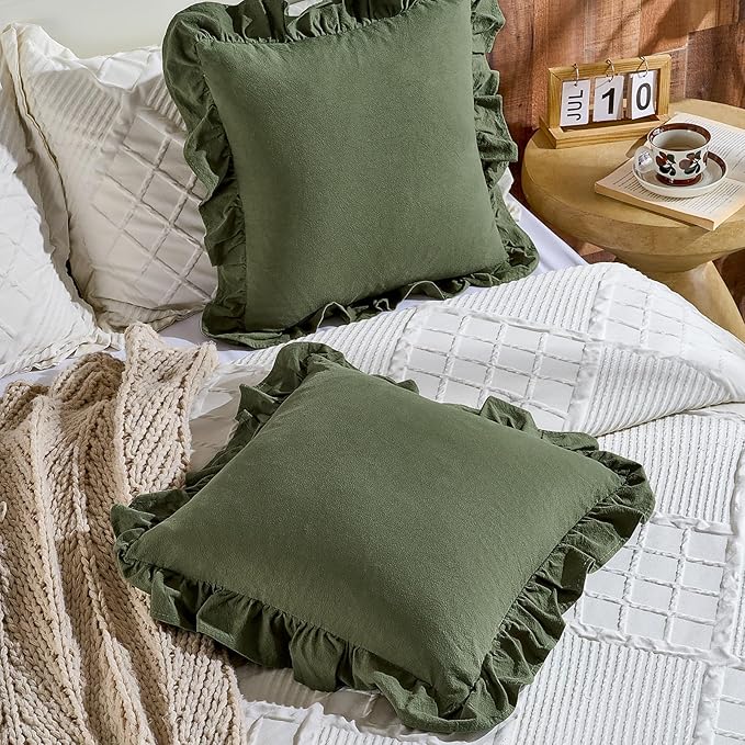 AmHoo Pack of 2 Throw Pillow Covers 100% Cotton Pre Washed Ruffle Decorative Pillowcase Cushion for Couch Sofa Bedroom 18 x 18-Inch Olive Green