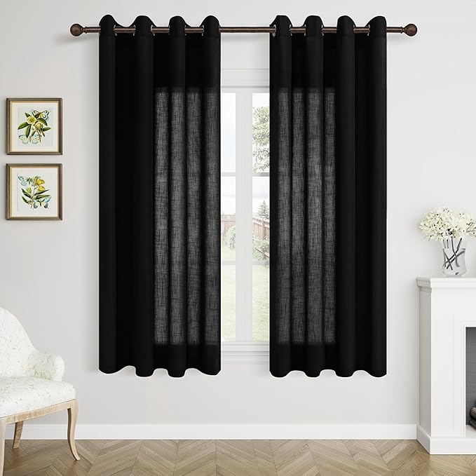 Aersas Black Bedroom Linen Curtains 63 Inch Length 2 Panel Privacy Energy Efficient Semi Sheer Black Linen Drapes for Living Room Modern Farmhouse Grommet Window Curtain for Nursery Office 52x63