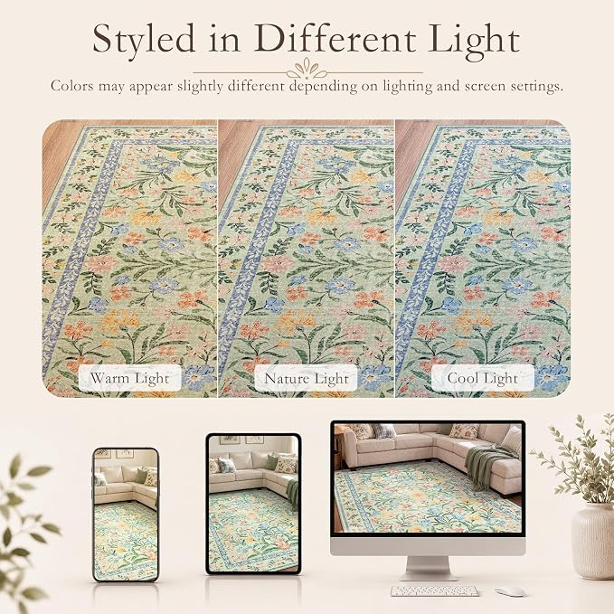 Wonnitar 10x14 Machine Washable Area Rugs, Green Floral Large Rugs for Living Room, Ultra-Thin Foldable Boho Flower Print Bedroom Carpet for Dorm Apartment Office