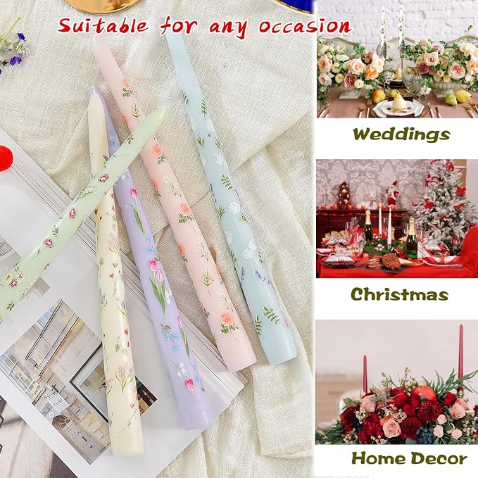 Sungmor Pretty Floral Taper Candlesticks, Beautiful 5-Color Decal Craft, 10" Long Decorative Candle, Scented & Colored Tall Candlestick, Long Burning & Smokeless Tapered Holiday Party Celebrate Candle