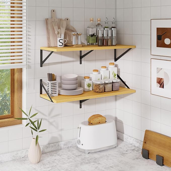 Acovy Floating Shelf for Wall,32" WX10 D Wood Floating Shelves with Sturdy Metal Bracket Set of 2,Wall Mounted Hanging Shelf for Bathroom,Bedroom,Kitchen,Oak