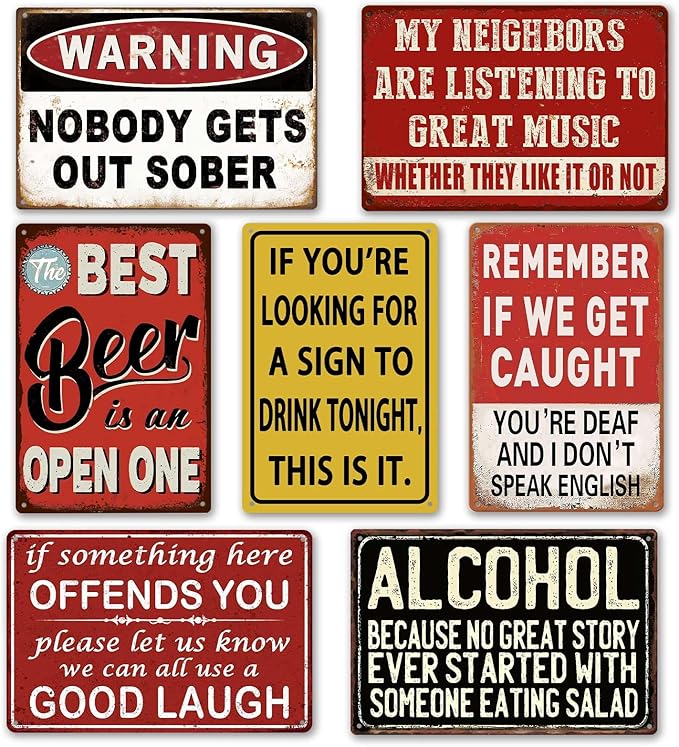 Funny Bar Signs for Home Bar Wall Decor - 7 Piece Set Vintage Garage Metal Signs, Man Cave Decor for Men, Personalized Basement Bar Accessories & Outdoor Decorations (8×12 Inch) - Housewarming Gifts