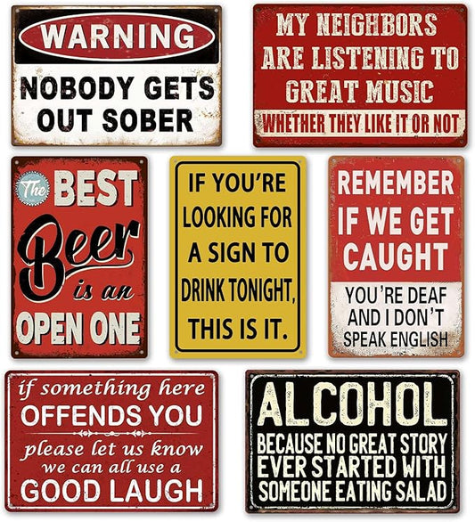 Funny Bar Signs for Home Bar Wall Decor - 7 Piece Set Vintage Garage Metal Signs, Man Cave Decor for Men, Personalized Basement Bar Accessories & Outdoor Decorations (8×12 Inch) - Housewarming Gifts