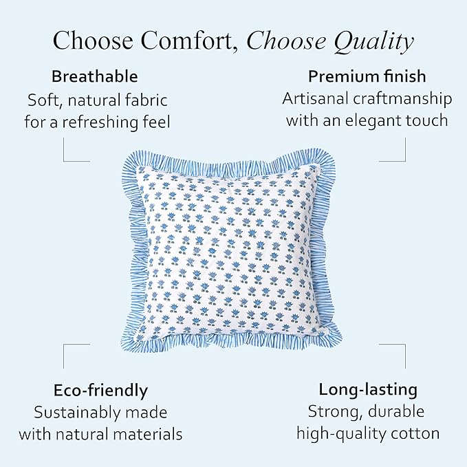 CPC Arctic Blue Hand Block Print 100% Cotton Ruffle Throw Pillow Cover 24x24 inch with Hidden Zipper Decorative for Couch, Bed, Sofa, Farmhouse, Cottagecore Decor Gift Christmas Fall Thanksgiving