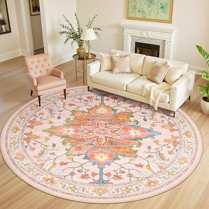 RELEANY Area Rugs 8ft Washable Non-Slip, Floral Vintage Distress Print Pattern Medallion Carpet for Living Room Bedroom Dining Room, Light Pink Colorful