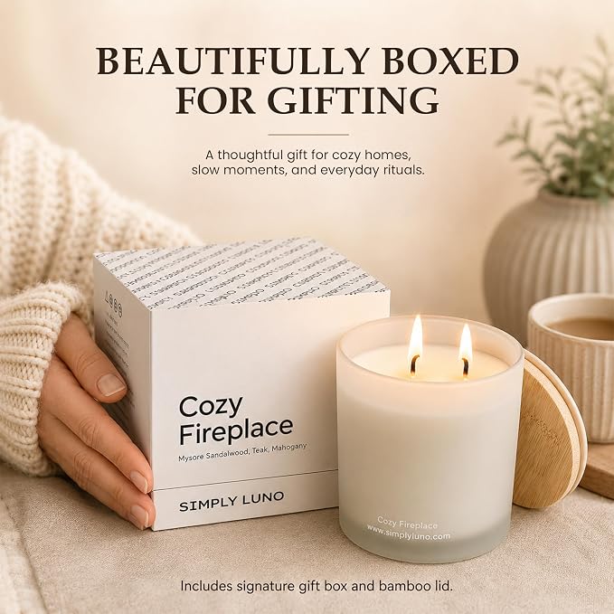 Cozy Fireplace | Mysore Sandalwood, Teak & Mahogany Scented Candle | 14oz Soy Wax Large Candle | 50+ Hour Long Lasting Candle for Home, Living Room, Bedroom & Relaxation | Luxury Jar Candle Gift Box