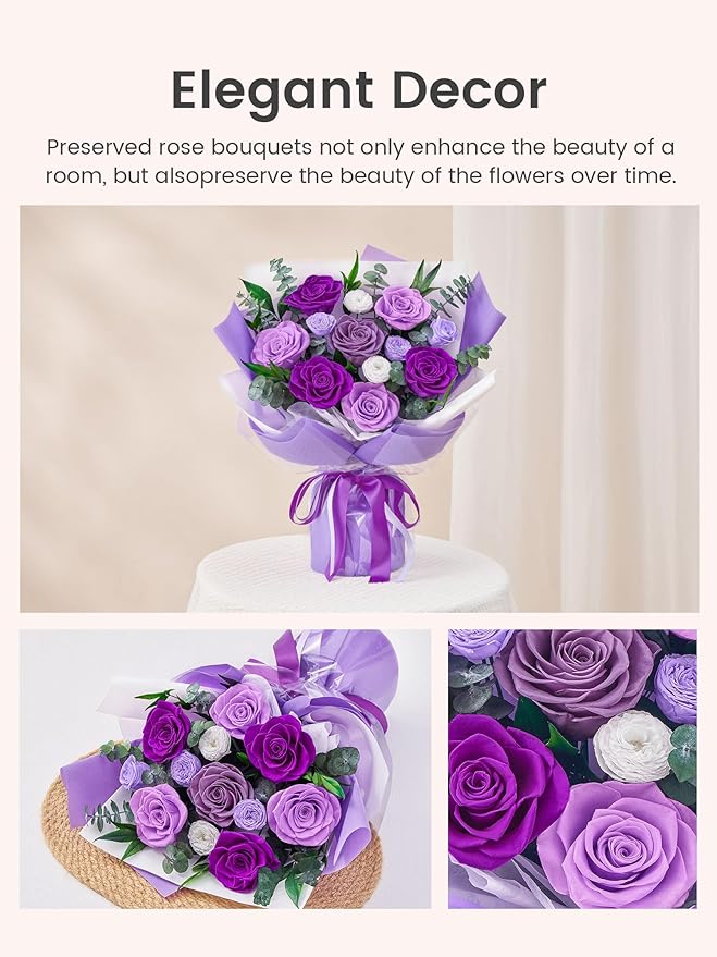 Polylove Flowers for Delivery Prime Forever Flowers Bouquet Preserved Roses Bouquet Flower Gift for Women Wife Mother Day Graduation Birthday (Purple, Medium)