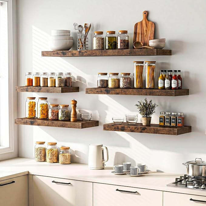 Heimlove 55 Inch Long Floating Shelves for Wall,9.3" Deep Rustic Brown Floating Shelf Set of 2,Large Display Shelf & Storage Shelf,Wall Mounted Shelves for Bedroom Living Room Kitchen Office