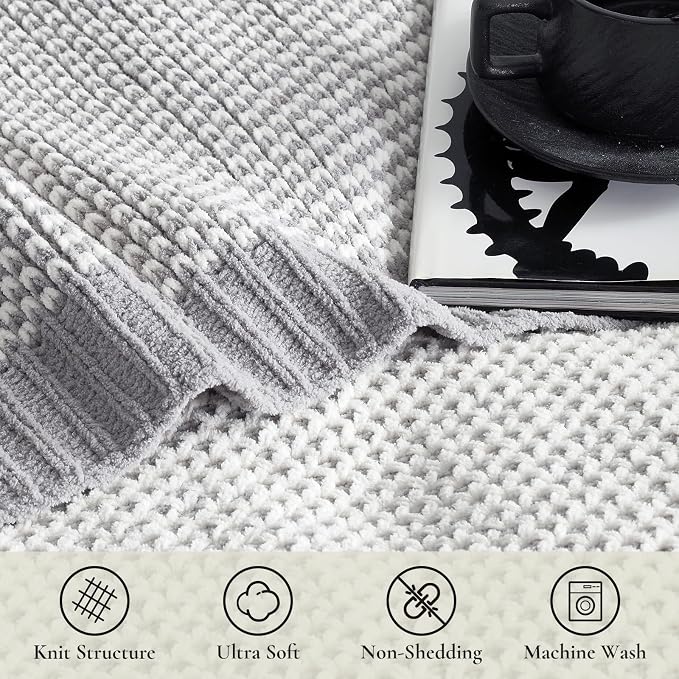 Amélie Home Honeycomb Knit Throw Blanket for Couch, Dual-Sided Soft Chenille Decorative Blankets for Sofa & Chair, 50"x60", Gray & White