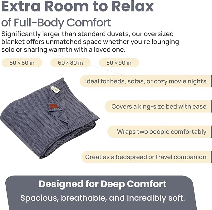 Organic Cotton Knit Blanket Denise, Smoke Blue, 80x90 Inches | 100% Organic Cotton, GOTS Certified, Soft and Lightweight, Breathable All-Season, For Bed, Sofa, or Lounge Area