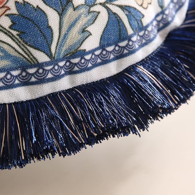 patdrea Vintage Linen Throw Pillow Cover,Diameter 16",Set of 2-Ivar A | French Decorative Pillow Case,Chinoiserie Blue Floral Print Pillow Cover for Couch Living Room Bedroom,Fringe Trim