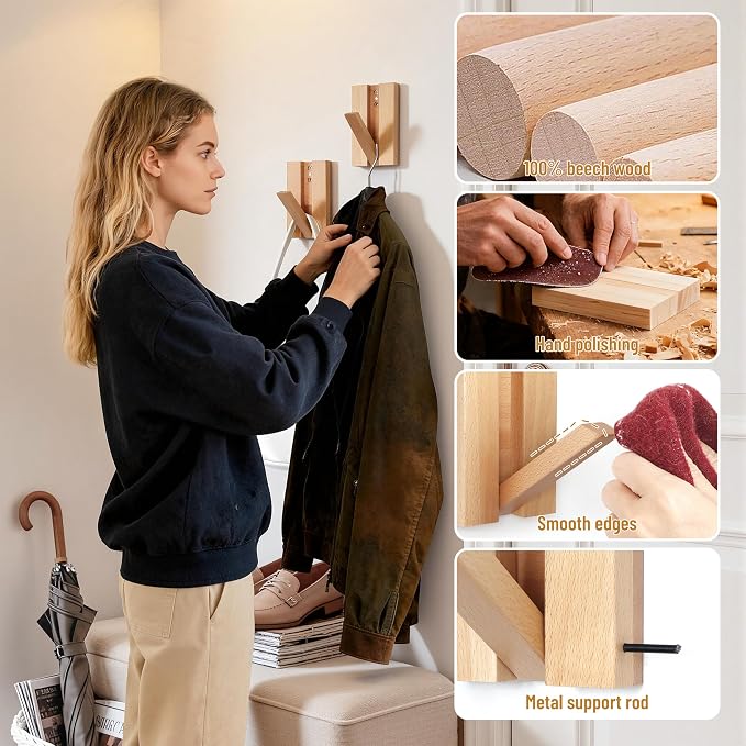 Wall Hooks for Small Space: Foldable Wooden Natural Coat Hooks 2Pack for Limited Spaces Side Walls Closet Corner - Modern Minimalist Decor Hanger for Hanging Towels Backpack Bags Coats