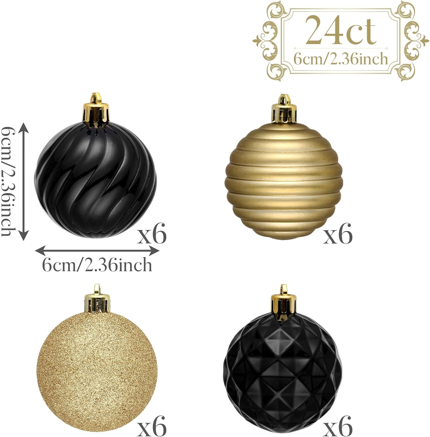 Valery Madelyn Christmas Ornaments Tree Decorations Set for Fall Halloween, 24ct Black Gold Shatterproof Ball Ornaments, 2.36" Hanging Ornament Bulk for Xmas Holiday Party Decor