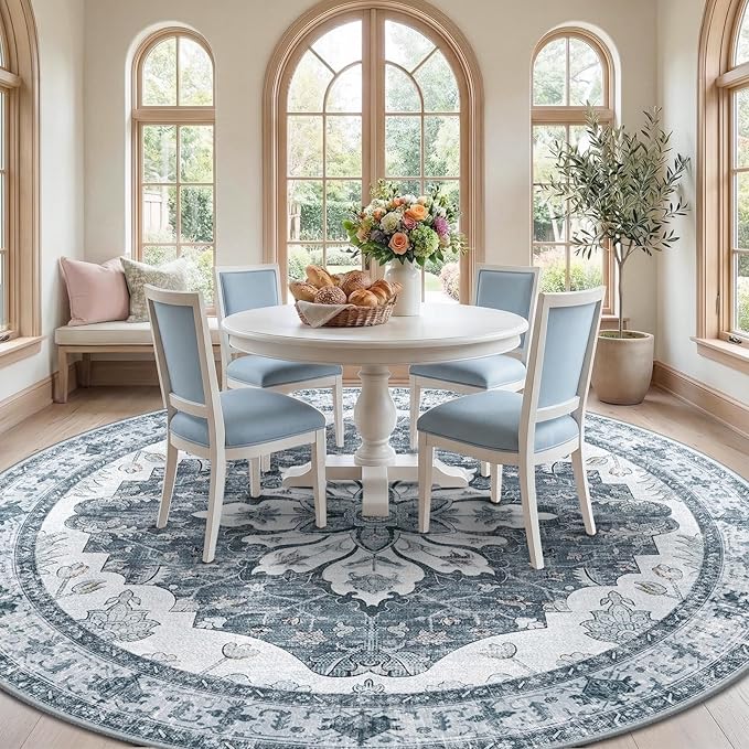 RELEANY Area Rugs 8ft Washable Non-Slip, Floral Vintage Distress Print Pattern Medallion Carpet for Living Room Bedroom Dining Room, Light Gray Grey White