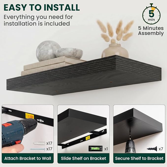 Floating Shelves for Wall 36 in x 9.3 in Deep, Wall Mounted Rustic Wood Shelf with Invisible Brackets for Storage & Display, Living Room Bedroom Bathroom, Black, 2 Pack