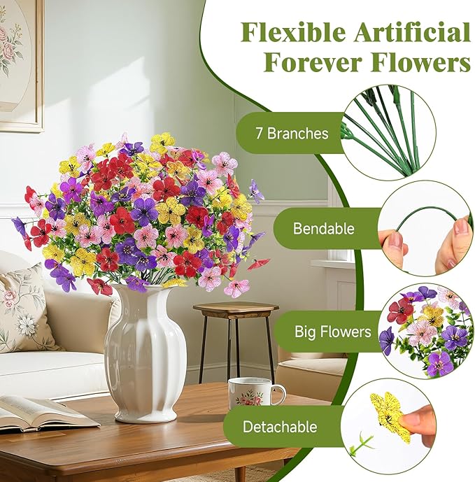 Alupssuc 20 Bundles Artificial Flowers for Outdoor Indoor Decoration, UV Resistant No Fade Fake Plants Eucalyptus, Colorful Faux Spring Flowers for Outside Yard Porch Patio Garden Home Window Box