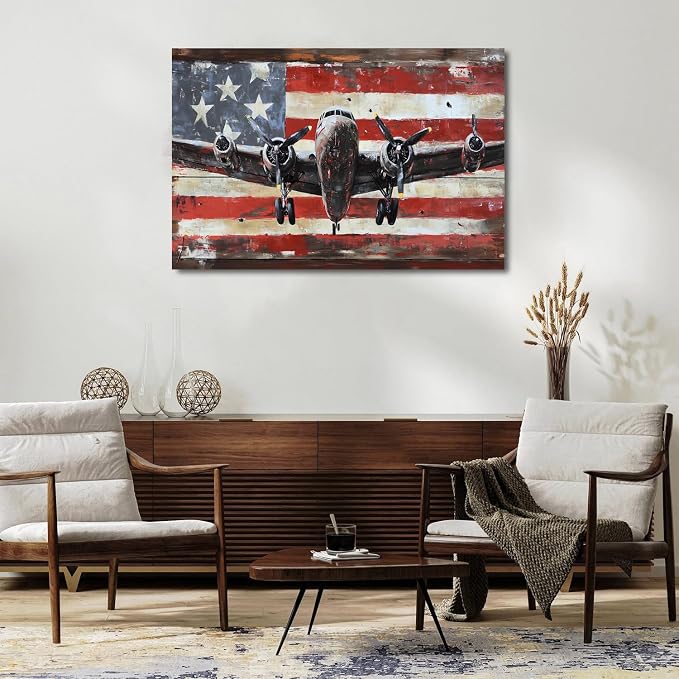 Vintage American Flag Airplane Wall Art Old Engine Aircraft Pictures for Living Room Retro Propeller Wall Decor Poster Aviation Canvas Prints Modern Artwork Bedroom Office Home Decorations 32x48"