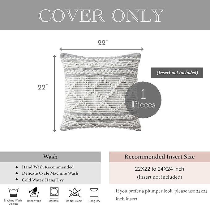 BlissBlush Gray White Decorative Throw Pillow Cover 22X22, Boho Accent Pillow for Couch, Square Modern Farmhouse Pillowcase for Living Room Couch Sofa Cushion Home Décor (Pack of 1)