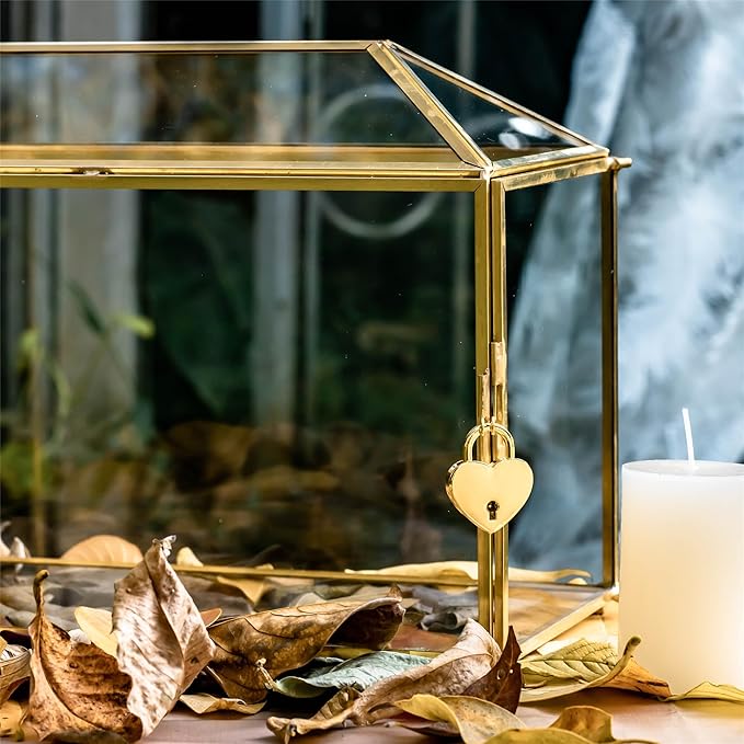 NCYP 12.6" x 5.9" x 9" Glass Wedding Cards Box with Slot and Lock for Party Reception, Centerpiece, Home Decorative, Gold (Glass Box Only) Slot Length 7.3 Inches