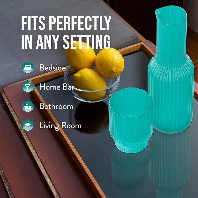 American Atelier 30 oz Ribbed Glass Water Carafe Set with Tumbler, Set of 2 – 10" Easy Pour Spout, Cup for Office, Kitchen & Bedside Use, Stylish and Functional Drinkware (Aqua Blue)