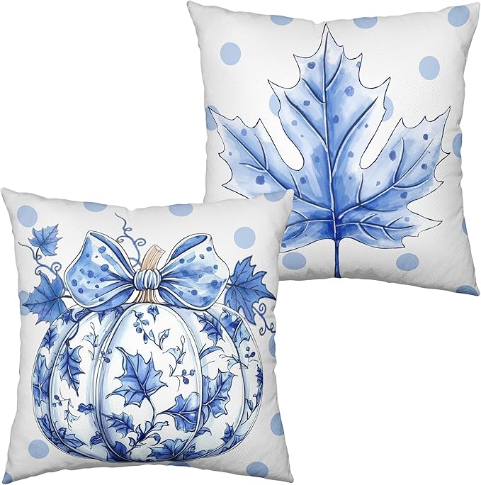 Fall Pillow Covers Blue and White Porcelain Maple Leaf Pumpkin Throw Pillow Covers 16x16 Set of 2 Autumn Blue Polka Dot Pillowcase Thanksgiving Cushion Case for Couch Sofa