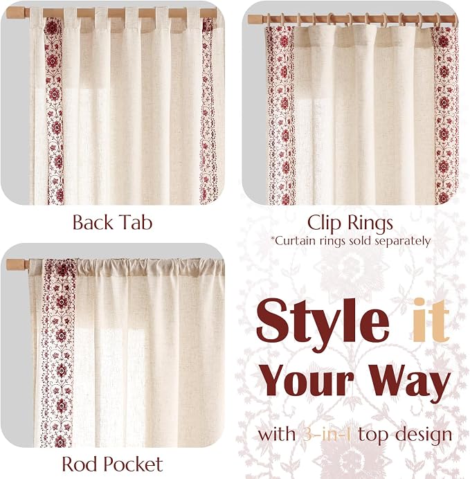 jinchan Boho Curtains for Bedroom Red Vintage Floral Farmhouse Curtains 84 Inches Long Linen Blend Drapes for Living Room Embroidered Light Filtering Drapes Rod Pocket Red on Beige 2 Panels