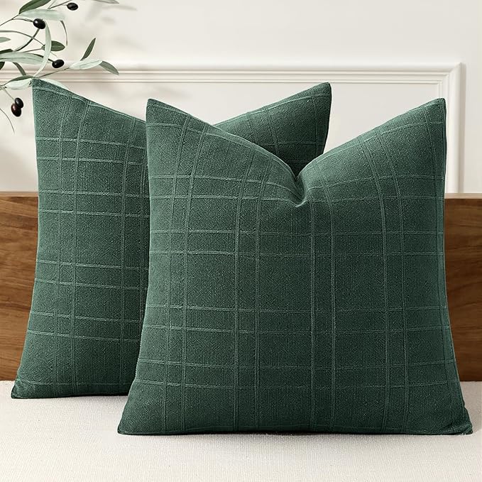 MIULEE Decorative Linen Check Throw Pillow Covers Neutral Farmhouse Vintage Spring Pillow Covers 18x18 Set of 2 Boho Modern Home Decor for Sofa Couch Bedroom Cushion Dark Green