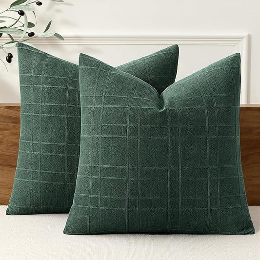 MIULEE Decorative Linen Check Throw Pillow Covers Neutral Farmhouse Vintage Spring Pillow Covers 18x18 Set of 2 Boho Modern Home Decor for Sofa Couch Bedroom Cushion Dark Green
