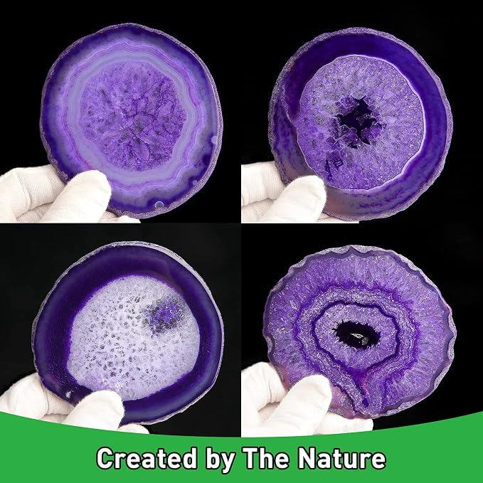 Natural Purple Agate Coasters for Drinks Set of 4 | Natural Stone Drink Coasters, Decorative Table Coasters for Coffee Table, Bar or Desk, Housewarming Gift