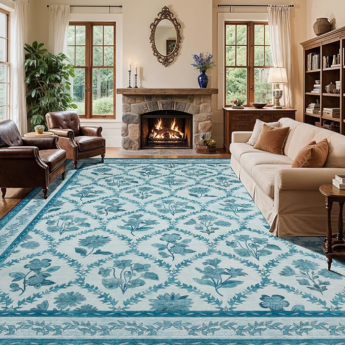 LIANLAM Checkered Rug 10x14 Area Rugs for Living Room - Stain Resistant & Non-Slip Backing Vintage Boho Floral Design Rug for Bedroom,Durable & Ultra-Thin Large Washable Area Rug(10x14,Blue)