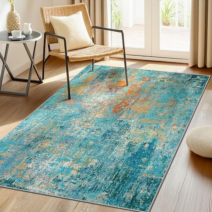 RELEANY Washable Area Rugs 3'x5' Non-Slip Modern Abstract Soft for Living Room Entryway Bedroom Nursery, Print Pattern, Teal Blue Green Orange Rust Red Coloreful