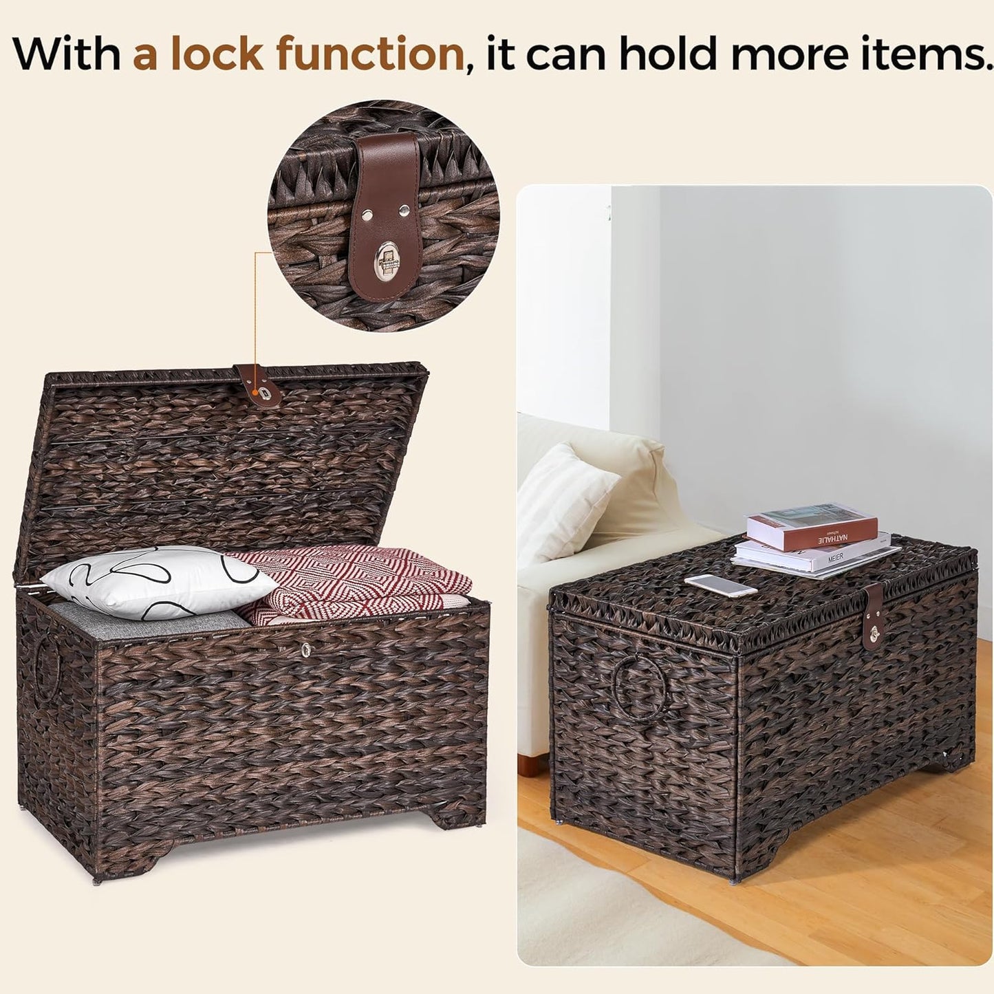 Handwoven Storage Basket with Lid, 165L Plastic Rattan Storage Bin, Leather Buckle & Metal Frame, Large Metal Ring Handles, Storage Trunk for Bedroom, Laundry Room