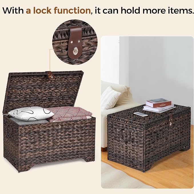 Honjourai Handwoven Storage Basket with Lid, 165L Plastic Rattan Storage Bin, Leather Buckle & Metal Frame, Large Metal Ring Handles, Storage Trunk for Bedroom, Laundry Room