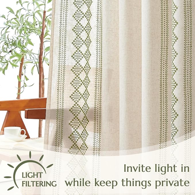 jinchan Boho Curtains Linen Blend Beige Farmhouse Curtains 63 Inches Long for Living Room Sage Green Square Embroidered Bordered Back Tab Bedroom Window Light Filtering Bohemian Drapes 2 Panels