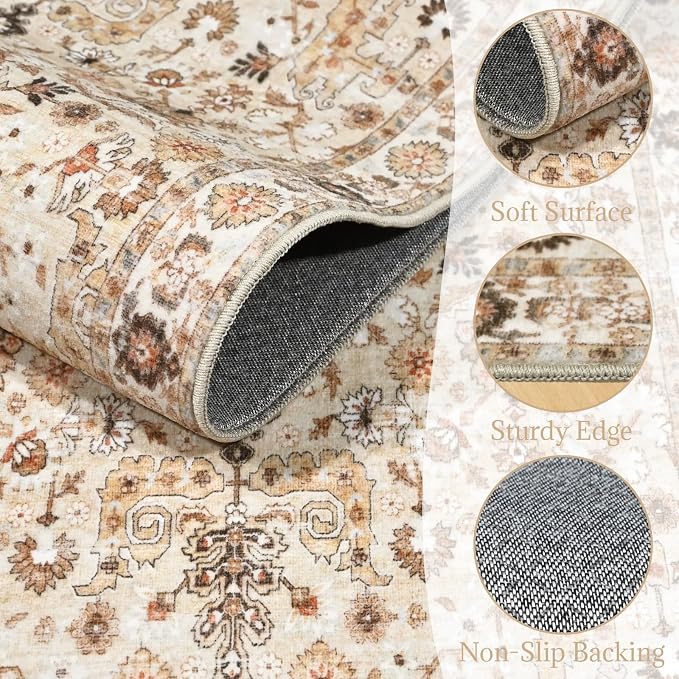 Washable Rugs for Living Room: 5x7 Area Rugs for Bedroom Ultra Soft Non-Slip Stain Resistant Vintage Boho Large Carpet for High-Traffic Dining Room - Farmhouse Decor