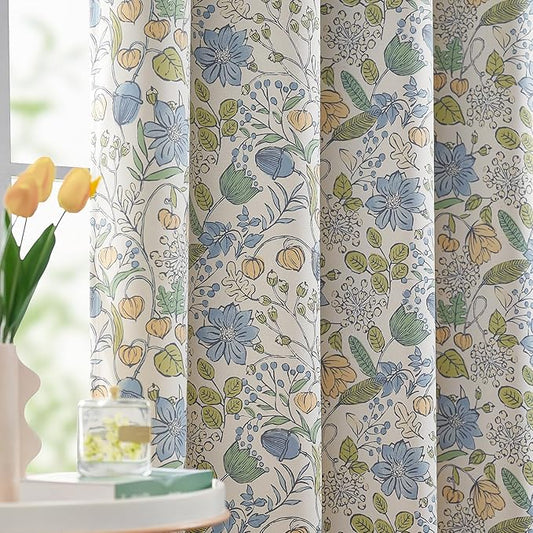 jinchan Nursery Curtains 95% Blackout Blue Floral Curtains for Kids Room, 96 Inch Length Farmhouse Drapes for Bedroom Living Room Darkening Window Treatment Grommet Top Set of 2 Panels