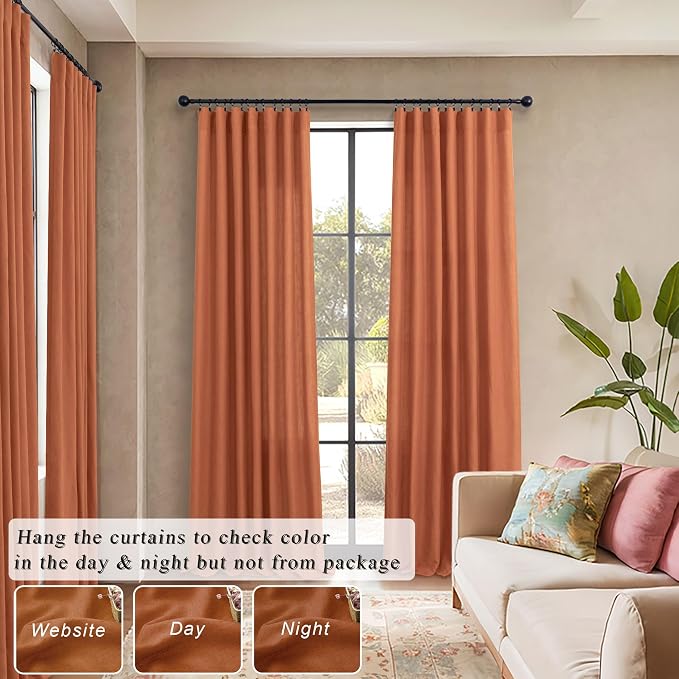 Orange Linen Curtains 72 Inch Length for Living Room 2 Panels Set Back Tab Loop Pocket Semi Sheer Copper Brown Burnt Orange Curtains for Bedroom Dining Room Gaming Playroom Sunroom Bay Window 52x72