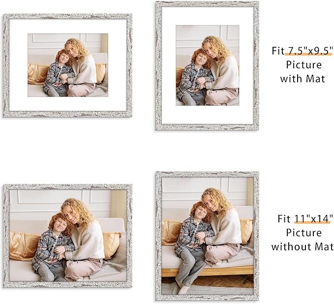 Picrit 11x14 Farmhouse Picture Frame Set of 12, Display 8x10 with Mat or 11 x 14 without Mat, Rustic Photo Frames for Wall Mounting or Table Top Display, Country Gray