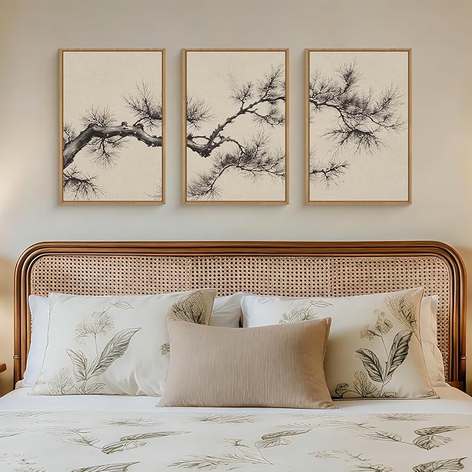 HPNIUB Vintage Sketch Pine Tree Framed Canvas Wall Art Set, Neutral Beige Black Tree Branch Wall Decor, Modern Mininalist Pine Branch Artwork for Living Room,Bedroom,Office-24''x36''x3