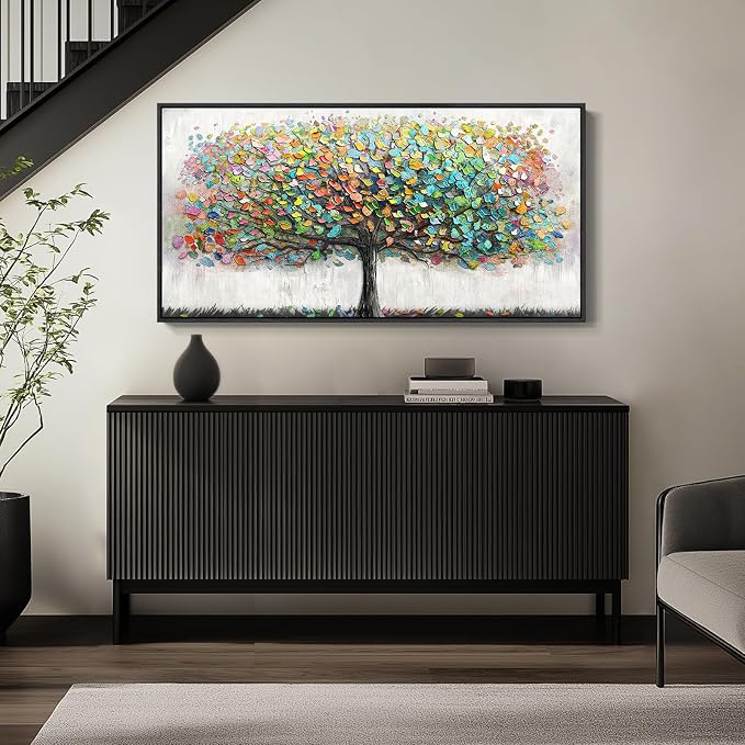Large Framed Tree of Life Colorful Wall Art, Modern Canvas Prints Paintings Artwork for Walls, Bright Big Tree Pictures for Living Room Fireplace Dining Room Bedroom Office Wall Decor 30x60 Inch