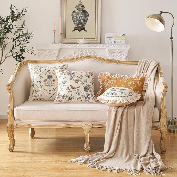 ISAENNE Designer Linen Throw Pillow Cover,Set of 2,18"x18"-Cornucopia A | Elegant French Square Pillow Cover,Concealed Zipper,Floral and Bird Pattern,Sofas,Bedroom,Living Room,Lounge Chairs