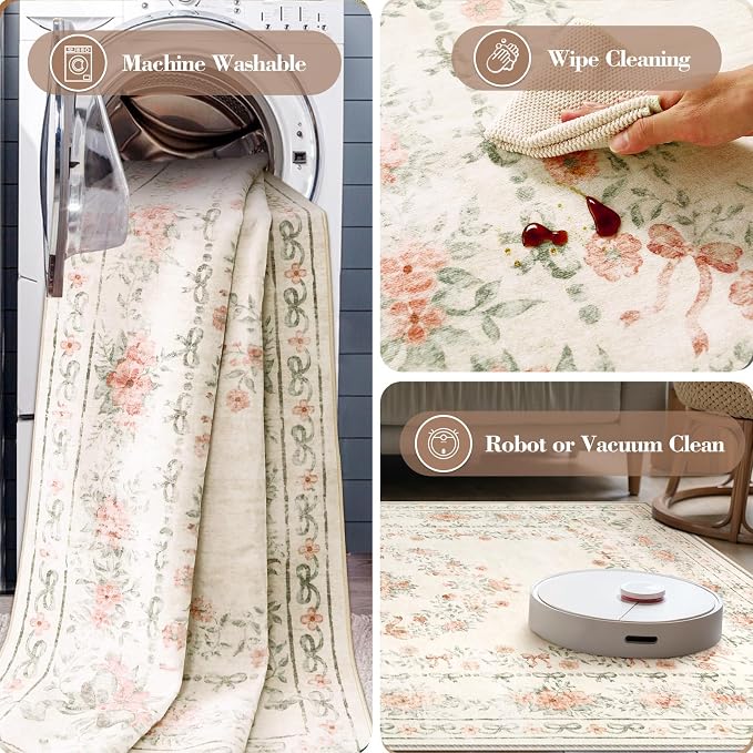Wonnitar Floral Bow Print Washable 8x10 Rug, Beige Rugs for Living Room, Boho Non Slip Ultra-Thin Soft Neutral Carpet for Nursey Kids Room Dorm Living Room, Beige
