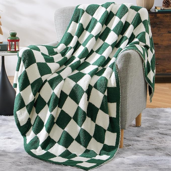 WRENSONGE Soft Twin Size Checkered Blanket for Bed-Cozy Knitted Blankets | Lightweight Fluffy Warm Decor for Women, Mom, Her & Girls, Sofa, Chair, Couch, 60x80in, Avocado Green