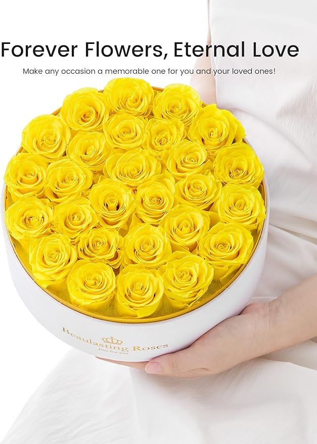 27 Preserved Roses Forever Flowers Real Roses in a Box Mother's Day Birthday Flowers for Her Mom Women Wife Valentine's Day, Yellow Roses