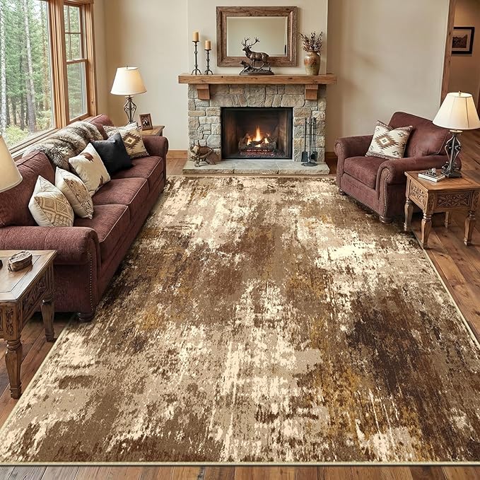RELEANY Washable Area Rugs 10'x14 Non-Slip Modern Abstract Soft for Living Room Entryway Bedroom Nursery, Print Pattern, Brown Tan Beige Coffee