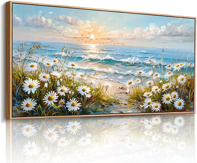 imjiayu Beach Wall Art, Oversized Wall Art, Coastal Wall Decor, Large Landscape Framed Art, Nature Seaside Painting Prints, Beachy Daisy Pictures for Living Room Dining Room Office Farmhouse 29"x57"