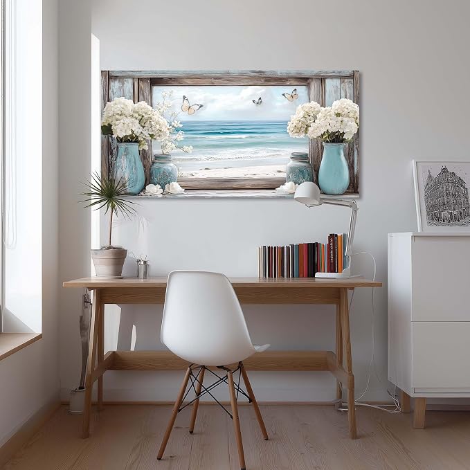 Ggaafet Beach Window Wall Art for Bedroom Canvas Painting Prints Romance Flower Floral Art Deco Romantic Artwork Office Family Room Decor