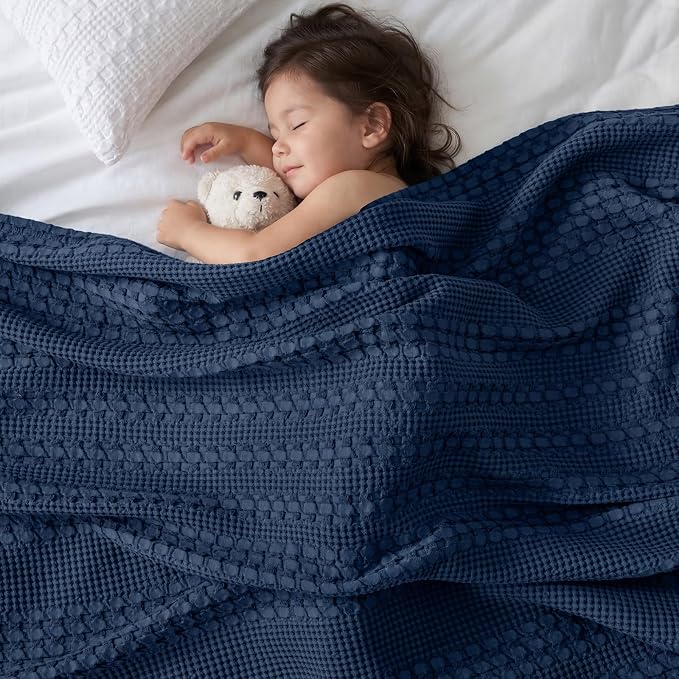 PHF 100% Cotton Waffle Blanket King Size for Bed, Lightweight Breathable and Soft for Summer, Luxury Aesthetic Waffle Weave Blanket for Home Decor & Gifts for Women, 108"x90", Blue Sapphire