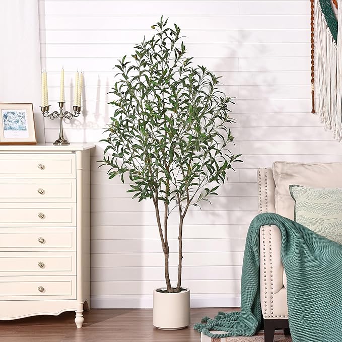 Verinatural Artificial Olive Tree Faux Plants Indoor - 6FT Tall Fake Tree with Remote LED Spotlights, Cylinder Round White Planter - for Modern Home Office Living Room Floor Display, VN214