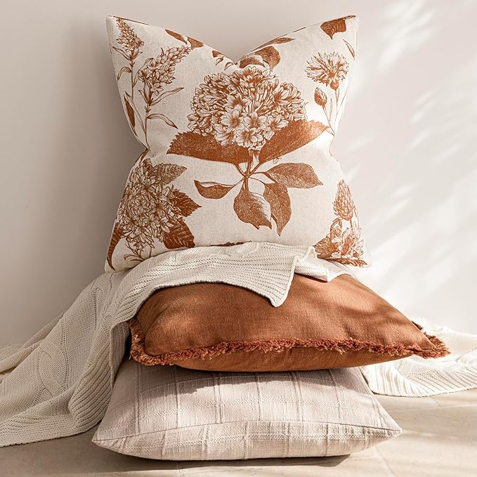 Foindtower Set of 2 Linen Floral Throw Pillow Covers Vintage Accent Print Decorative Cozy Cushion Covers Farmhouse Boho Home Decor for Sofa Chair Couch Bedroom Living Room,22×22 Inch,Autumn Orange